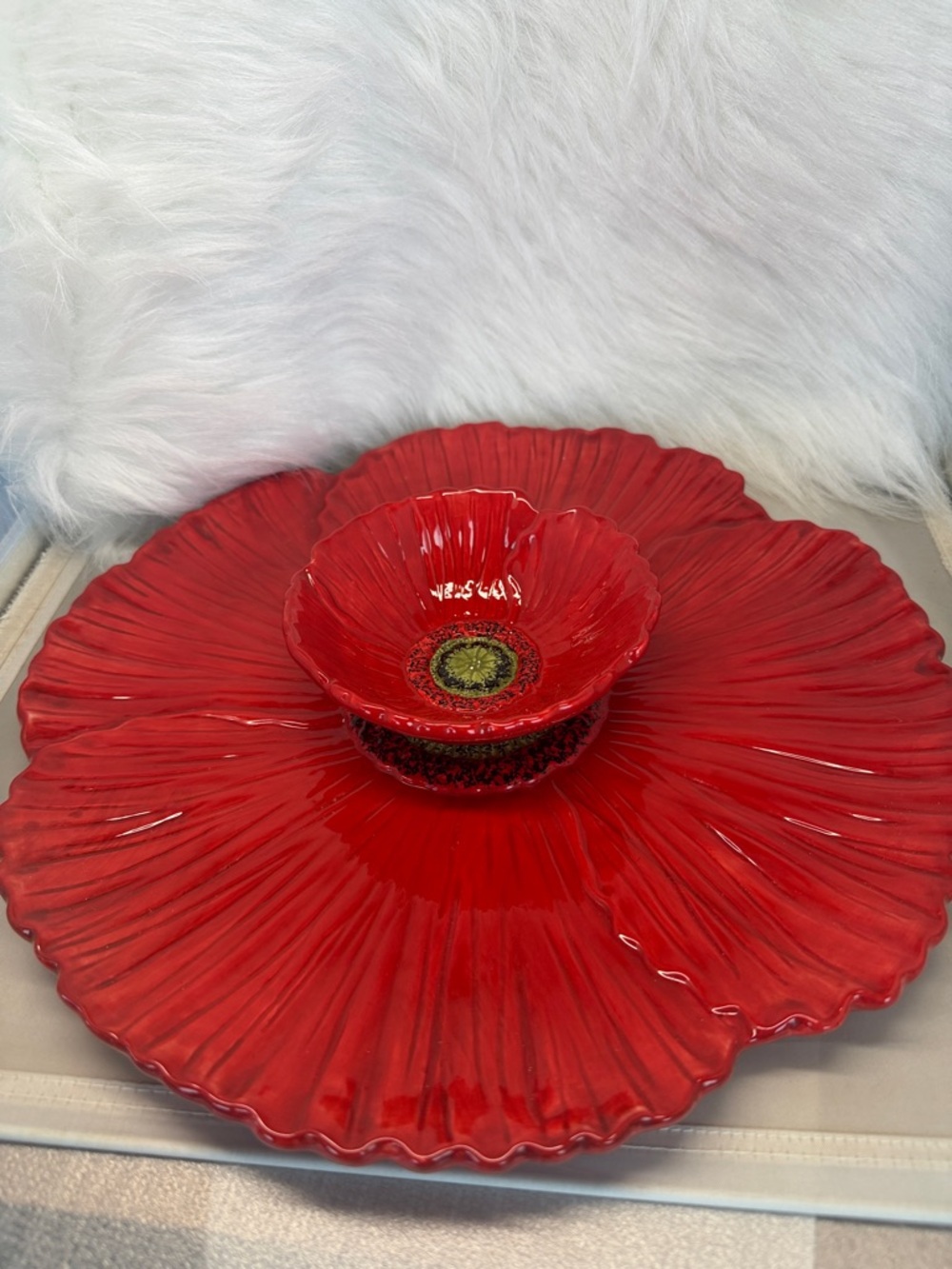 Fleur Rouge Red Ceramic Poppy Chip & Dip Serving Set